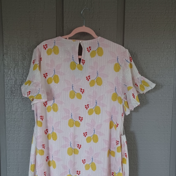 Pink Chicken Lemon Print Halsey Mini Dress Size S Women Tie Waist Metallic - Picture 5 of 13